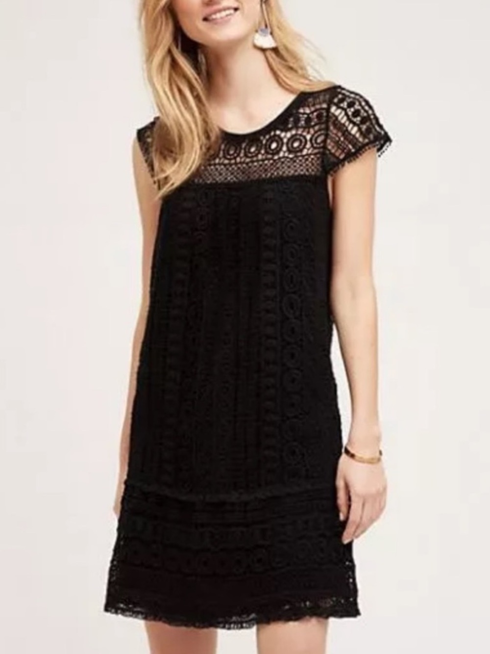 Maeve Black Crochet Midi Dress with Openwork Detail and Cap Sleeves